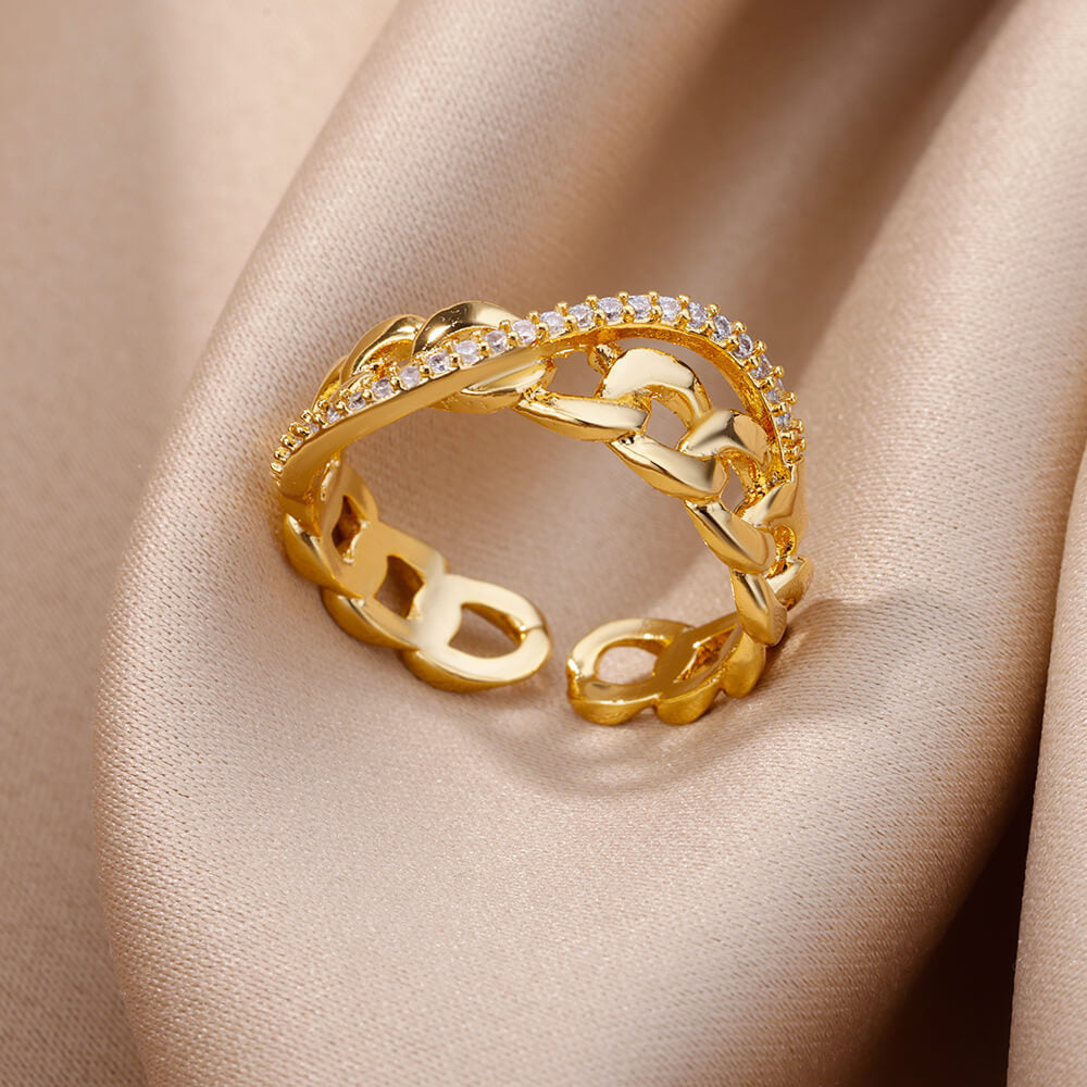 Hot Selling 18K Gold-Plated Full Diamond Titanium Steel Colorfast Open Ring Female Zircon Leaf Ring Female High Sense