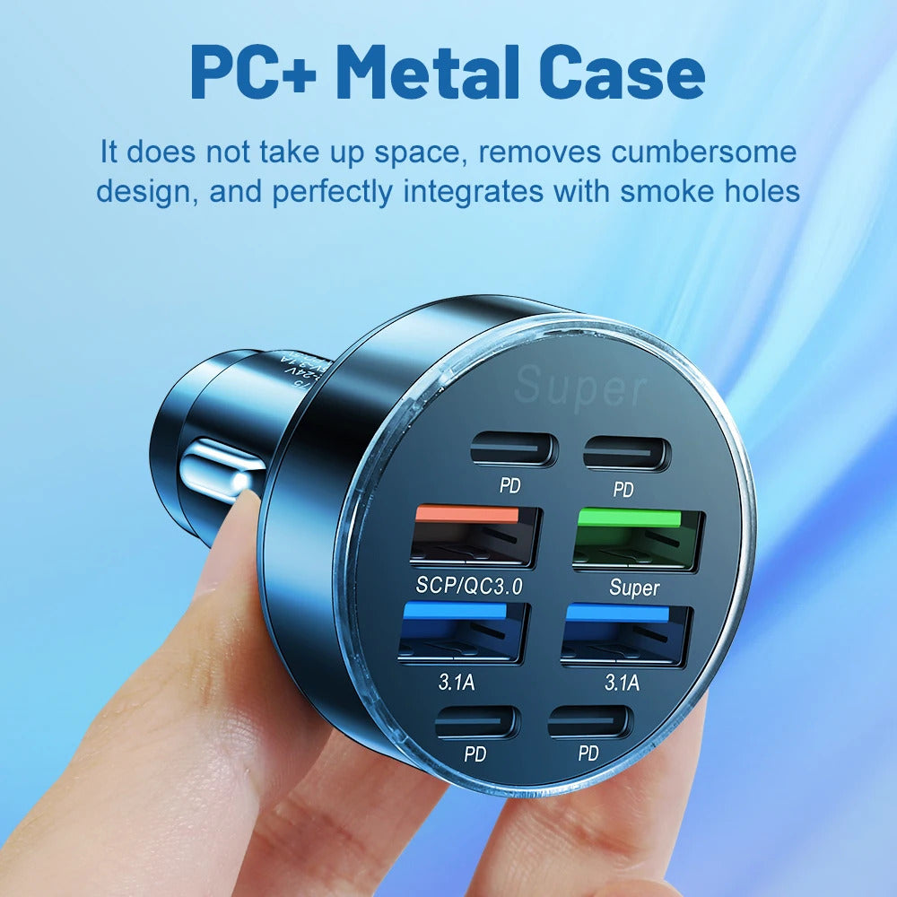 100W 8 Ports Car Charger Fast Charging PD QC3.0 USB C Car Phone Charger Type C Adapter in Car For iPhone Samsung Huawei Xiaomi