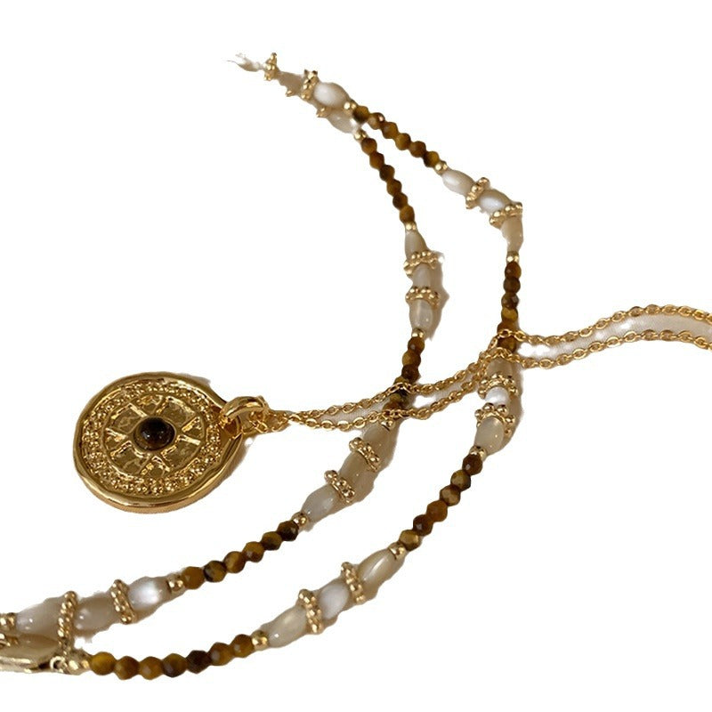 Milad Style Natural Stone Beaded Compass Pendant Layered Necklace for Women, Light Luxury Retro Versatile Choker Collarbone Chain