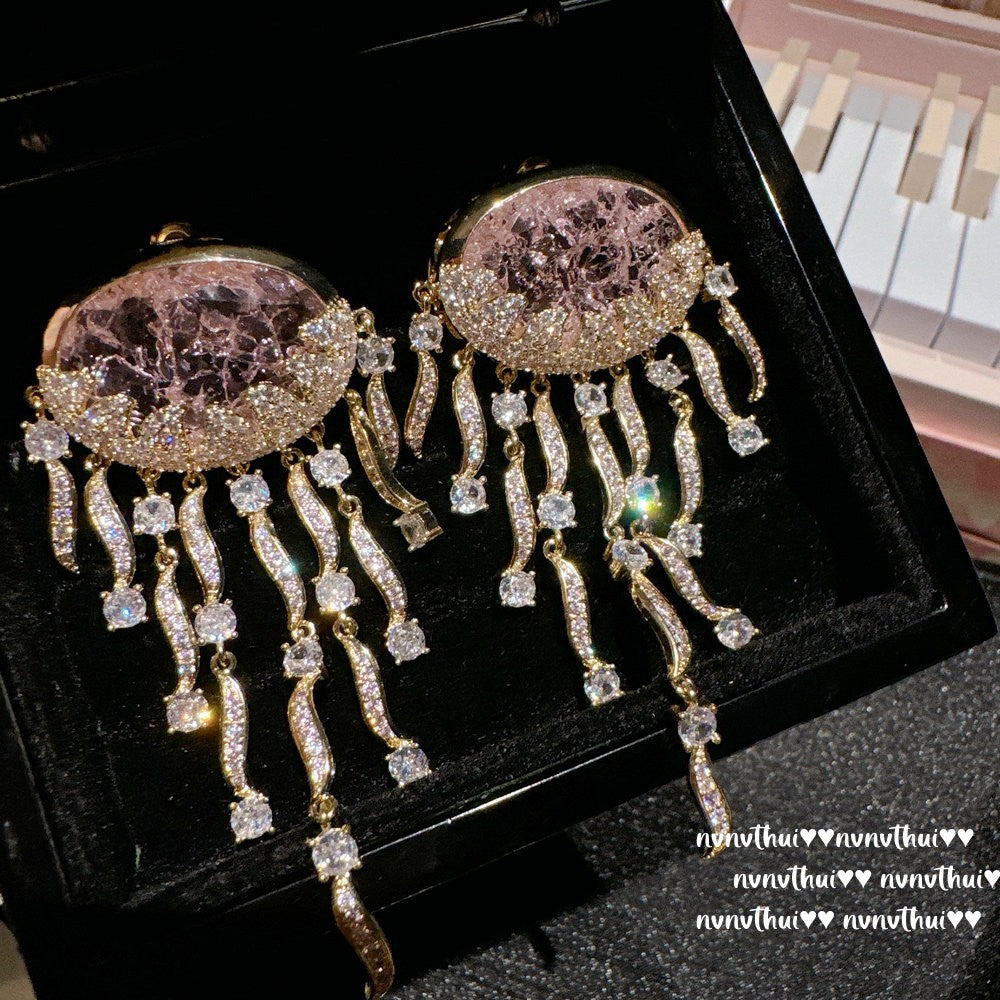 Sparkling PA Pink Cloud Pattern Jellyfish Tassel Gem Earrings Rich Woman's Happy Egg-Shaped Princess Pink Earrings