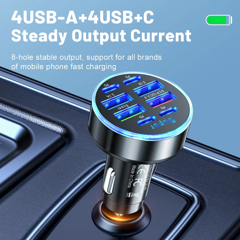 100W 8 Ports Car Charger Fast Charging PD QC3.0 USB C Car Phone Charger Type C Adapter in Car For iPhone Samsung Huawei Xiaomi
