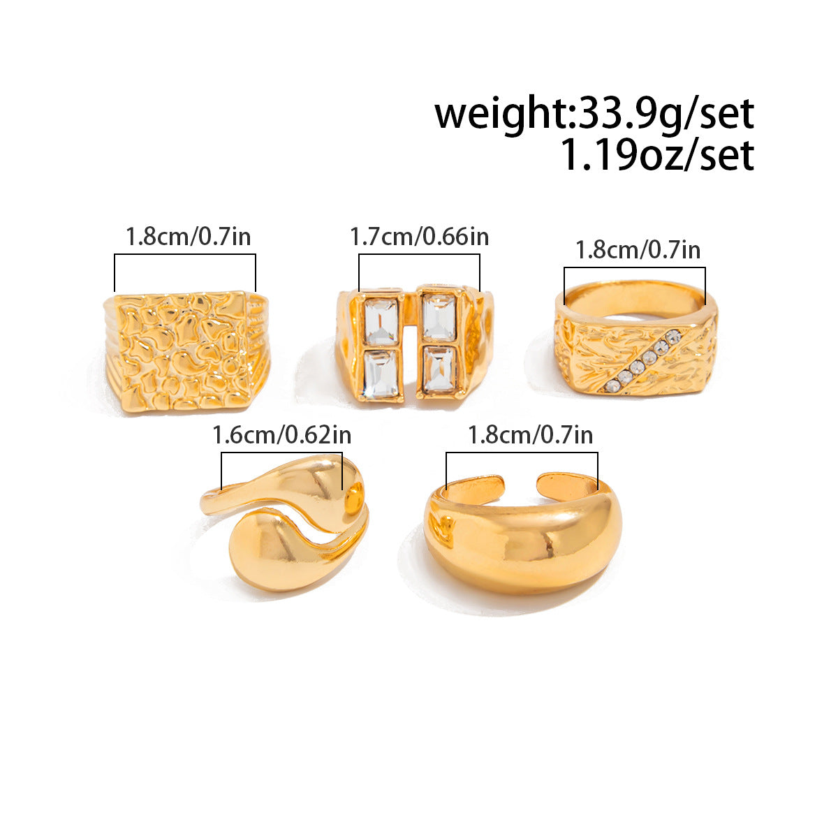 Fashionable Hollow Inlaid Irregular Ring Vintage Alloy Wrinkled Ring Set