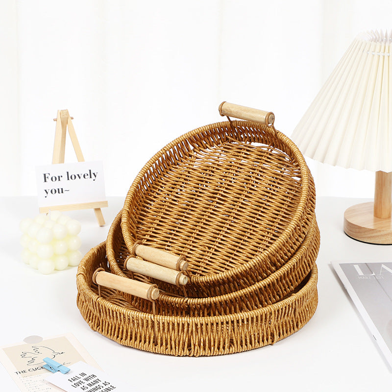 Fruit Plate Hand-Woven Japanese Bread Basket Steamed Bun Basket Living Room Household Storage Basket Rattan Double Ear Tray