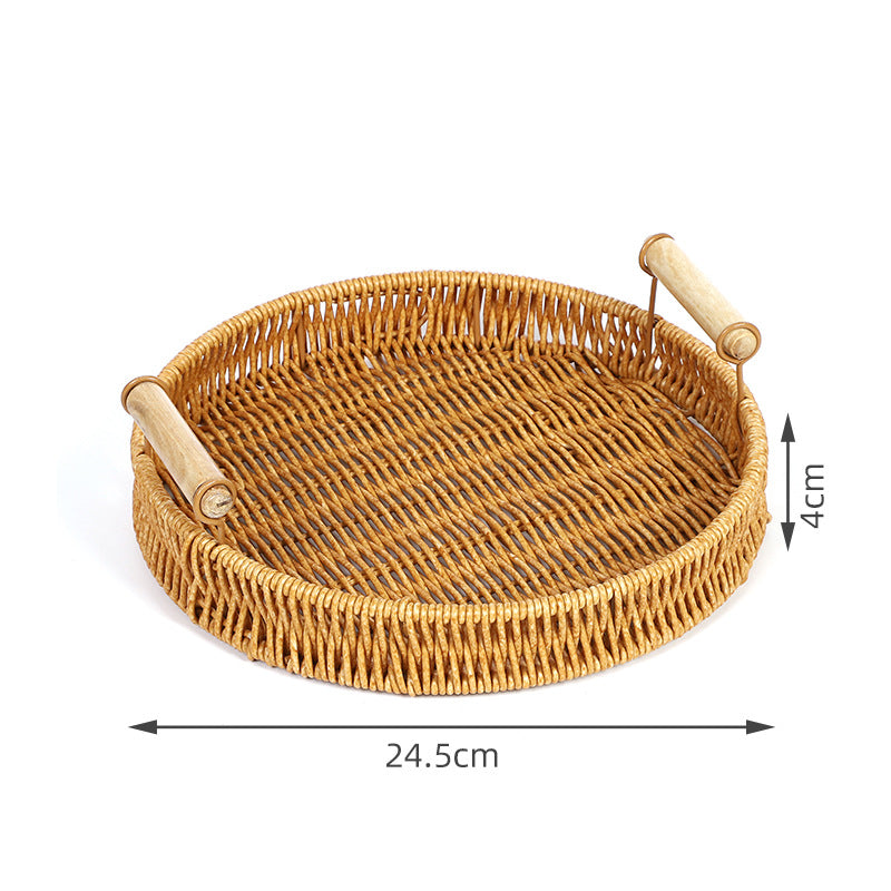 Fruit Plate Hand-Woven Japanese Bread Basket Steamed Bun Basket Living Room Household Storage Basket Rattan Double Ear Tray