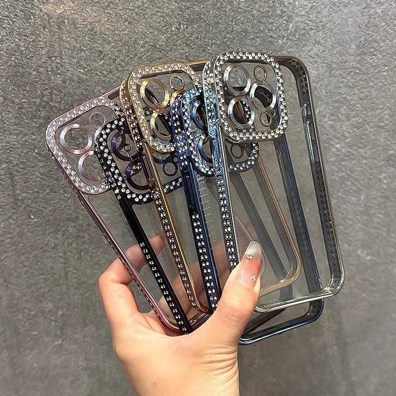 Double Row Diamond Compatible with iPhone 15 Pro Max Phone Case Electroplated Diamond Inlaid Transparent Soft Case Apple 16 Full Coverage Anti-drop