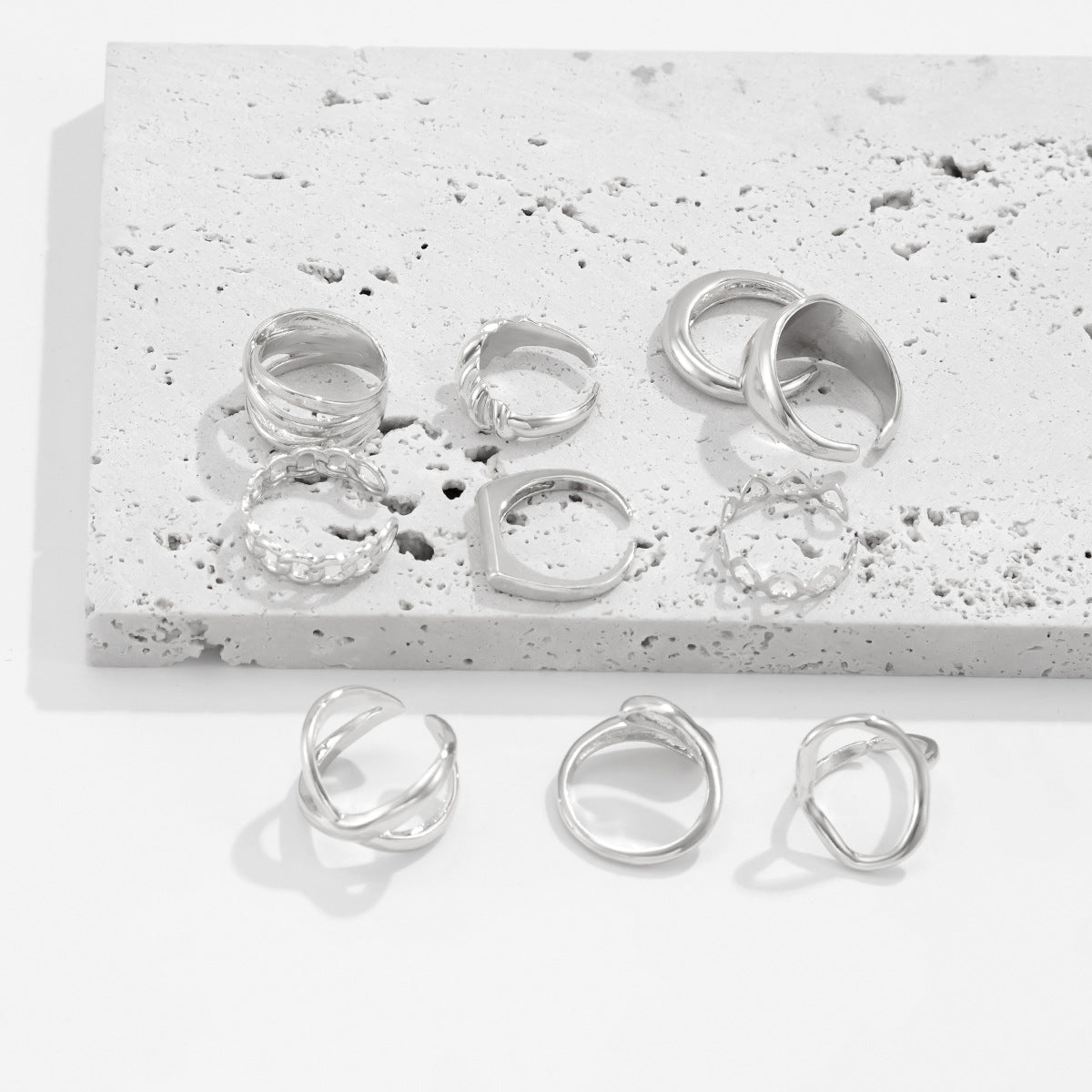Hand Jewelry Personality Smooth Irregular Geometric Joint Ring Hip Hop Style Women's Ring Set