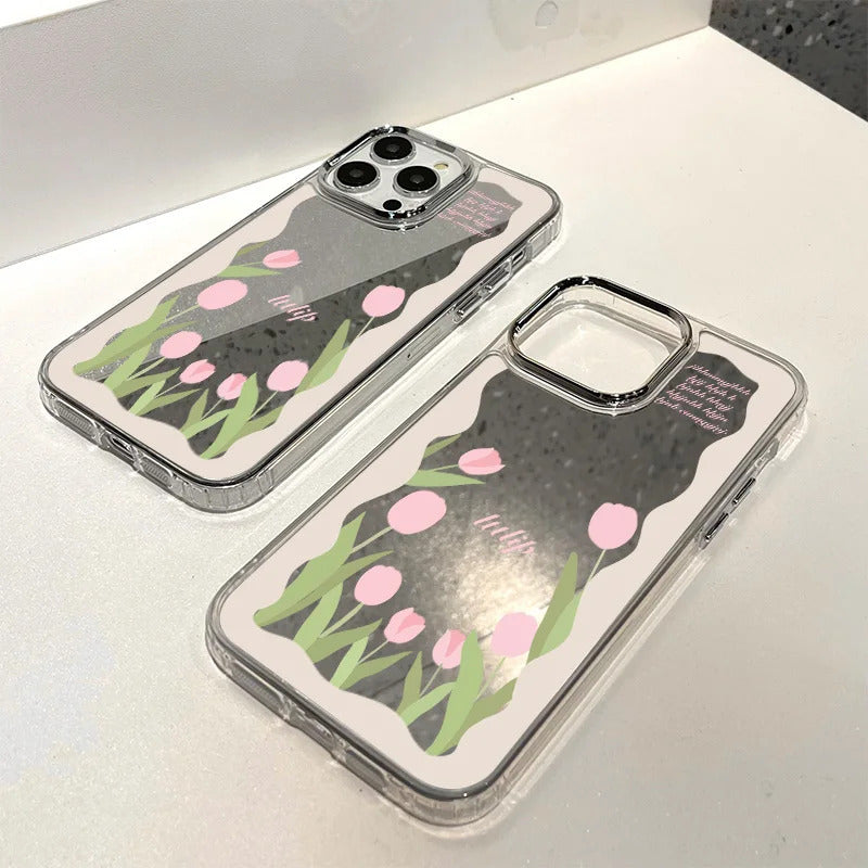 Tulip Flowers Mirror Glass Case For iPhone 11 Pro Max 16 14 13 Pro 12 15 XR XS Max X Case Square Floral Leaf Lette Pattern Cover