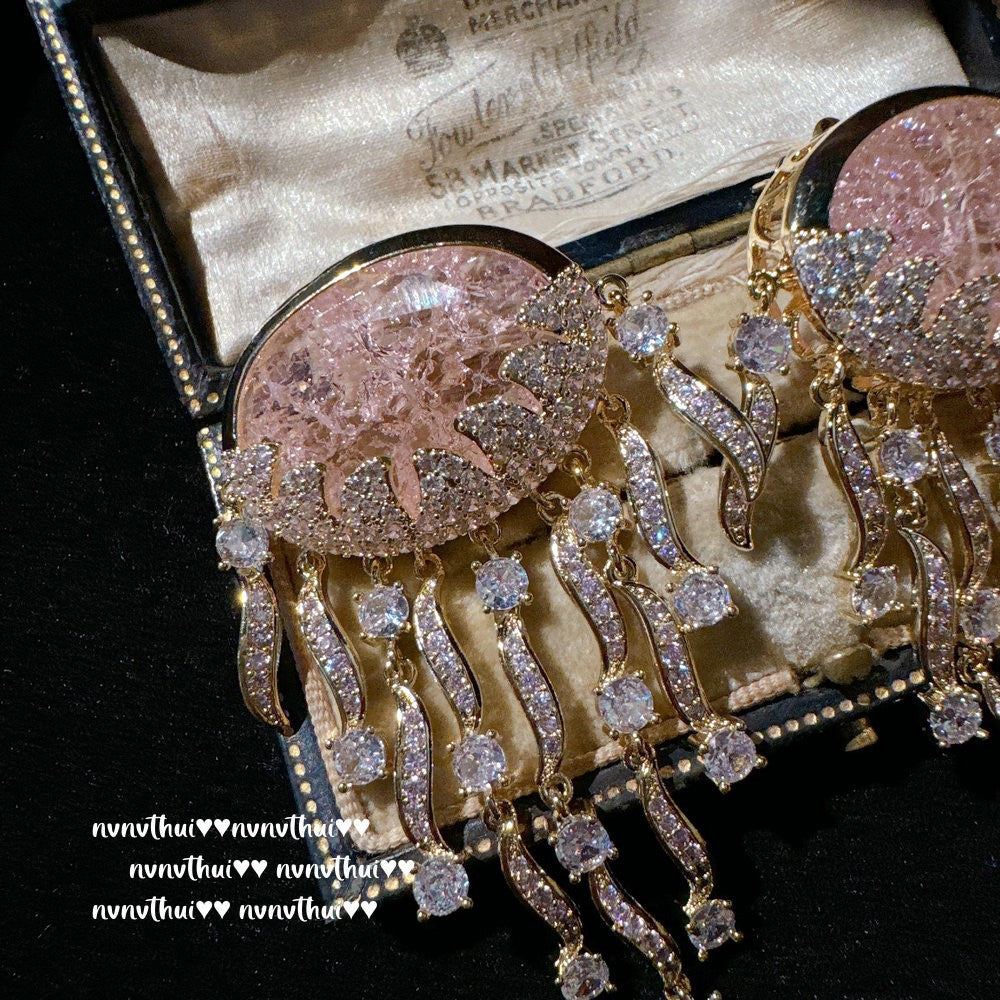 Sparkling PA Pink Cloud Pattern Jellyfish Tassel Gem Earrings Rich Woman's Happy Egg-Shaped Princess Pink Earrings