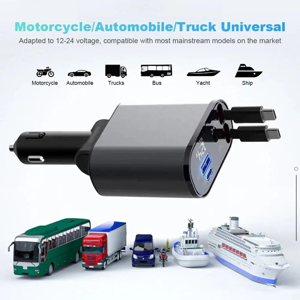 120W Car Charger 4 in 1 Retractable Fast Charging Car Phone Charger Cigarette Lighter Adapter USB C Cable for iPhone Xiaomi Poco