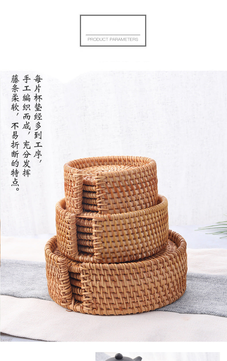In Stock Vietnam Rattan Coaster Handmade Round Tabletop Tea Coaster Autumn Rattan Dining Table Western Food Mat Heat Insulation Tea Set Accessories