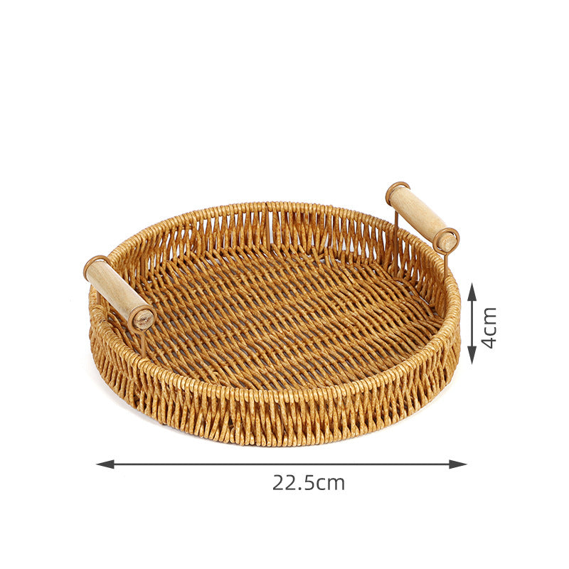 Fruit Plate Hand-Woven Japanese Bread Basket Steamed Bun Basket Living Room Household Storage Basket Rattan Double Ear Tray
