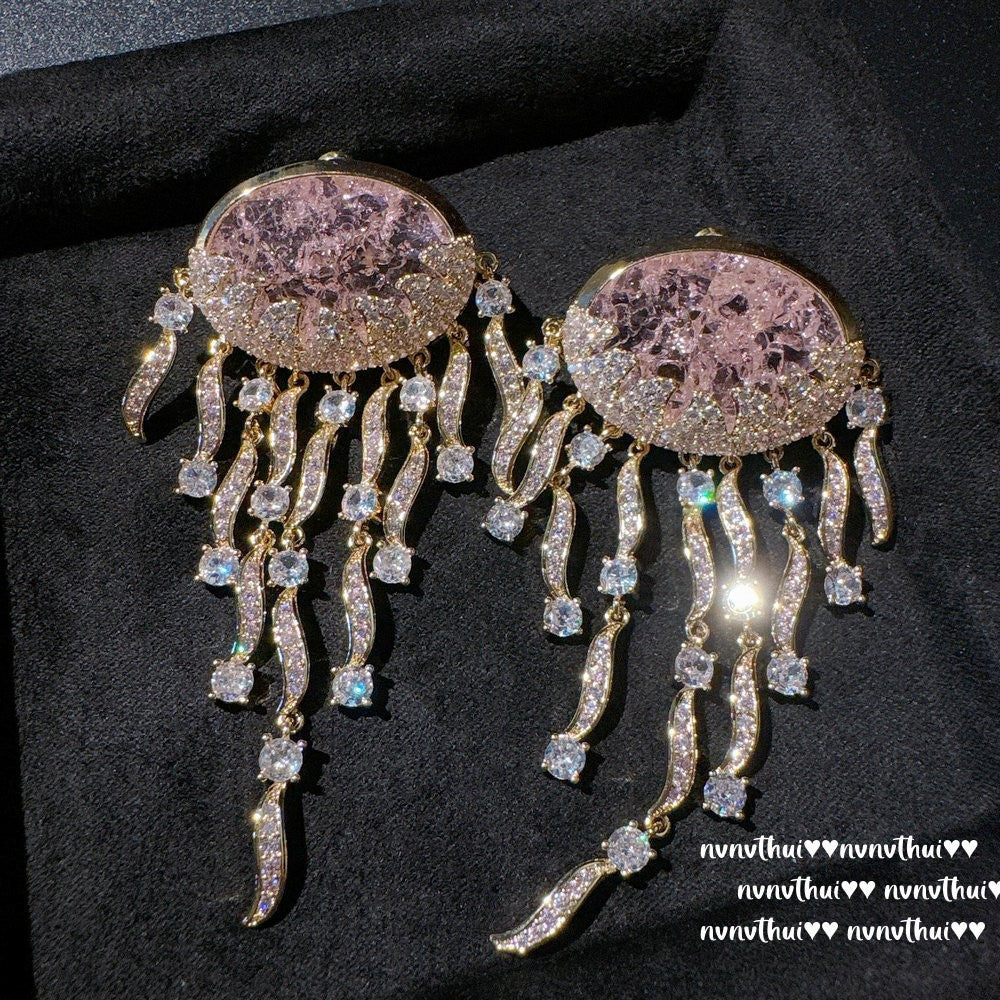 Sparkling PA Pink Cloud Pattern Jellyfish Tassel Gem Earrings Rich Woman's Happy Egg-Shaped Princess Pink Earrings