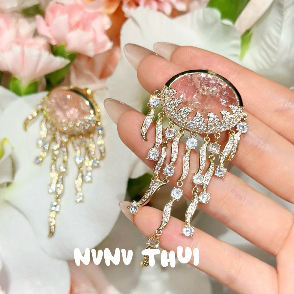 Sparkling PA Pink Cloud Pattern Jellyfish Tassel Gem Earrings Rich Woman's Happy Egg-Shaped Princess Pink Earrings