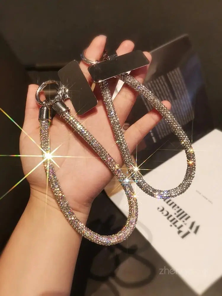 1pc Short Full Diamond Mobile Phone Lanyard Women's Small Fragrant Wind Short Wrist Case Universal Anyard Metal Clip Lanyard