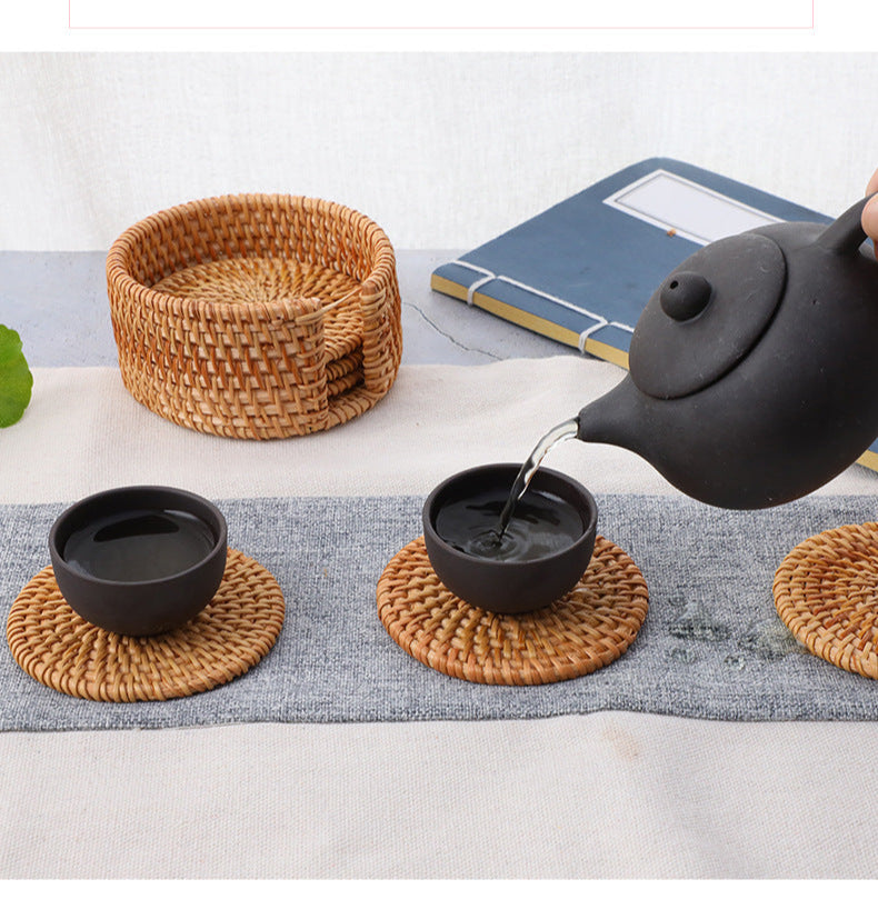 In Stock Vietnam Rattan Coaster Handmade Round Tabletop Tea Coaster Autumn Rattan Dining Table Western Food Mat Heat Insulation Tea Set Accessories