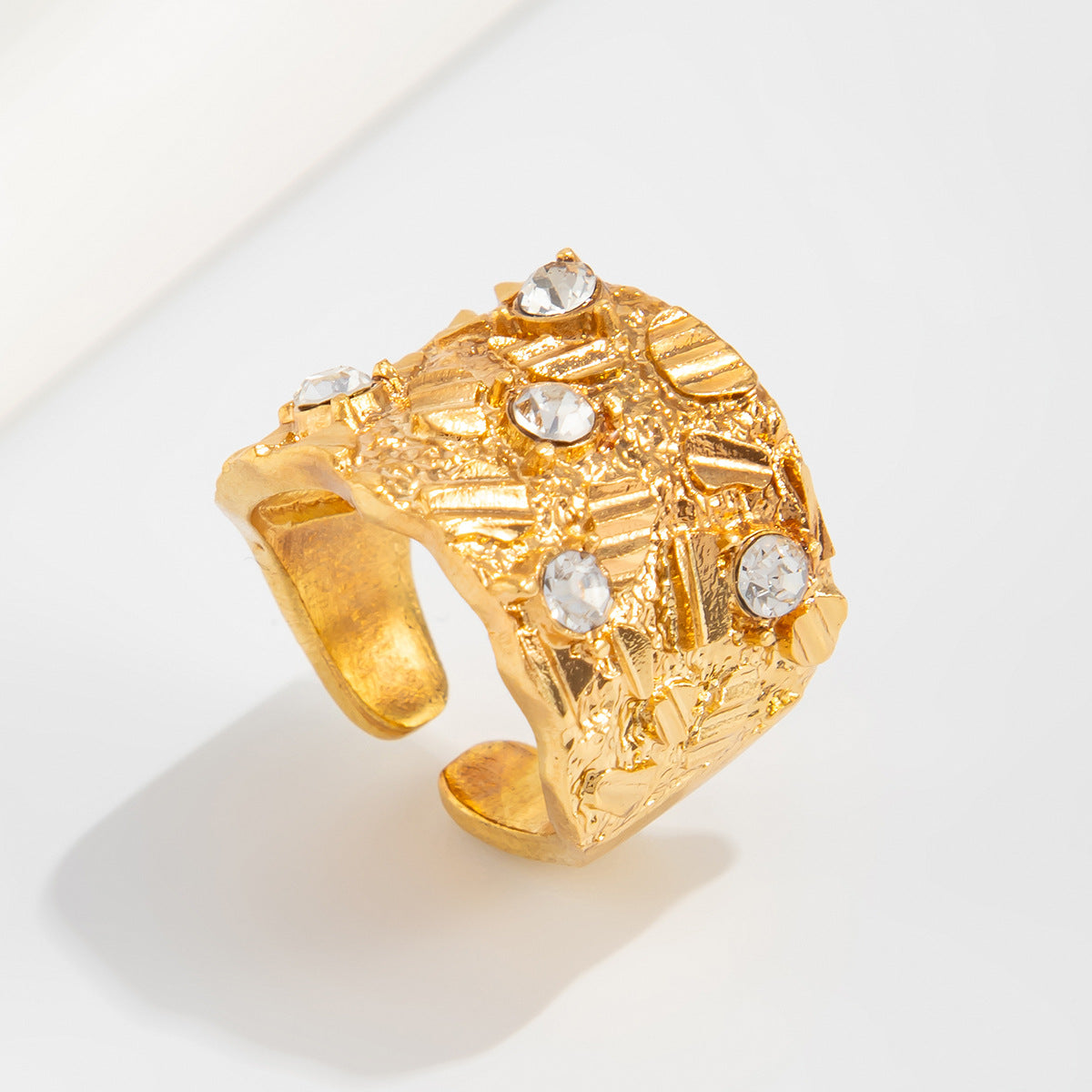 Fashionable Hollow Inlaid Irregular Ring Vintage Alloy Wrinkled Ring Set