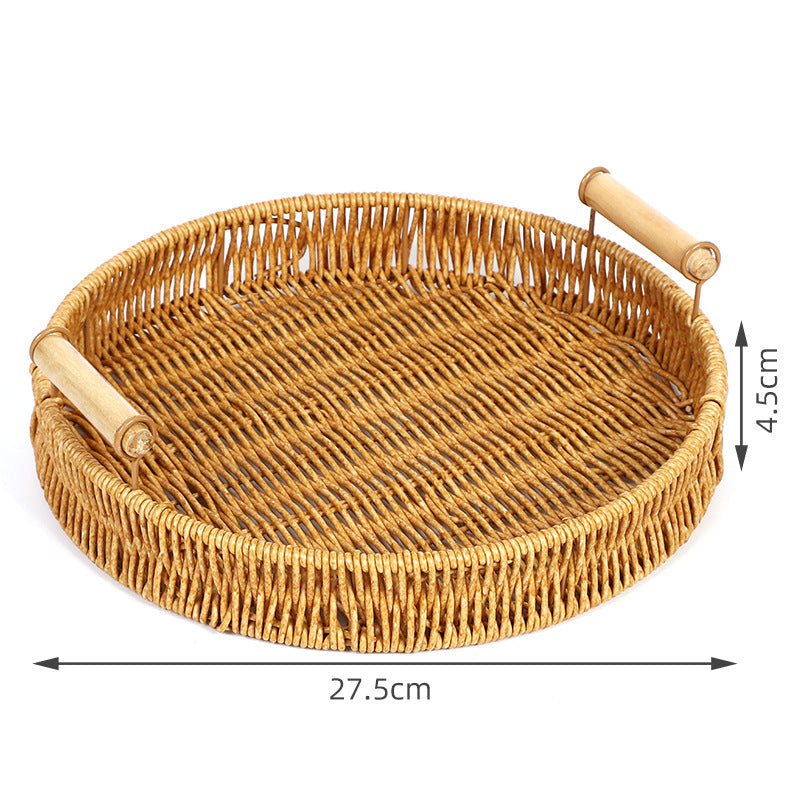 Fruit Plate Hand-Woven Japanese Bread Basket Steamed Bun Basket Living Room Household Storage Basket Rattan Double Ear Tray