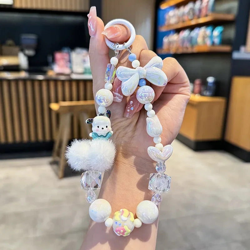 Sanrio Hello Kitty Melody Hairball Mobile Phone Chain Camera Pendant Kuromi Hand Painted Beaded Kawaii Bracelet Key Chain Gift