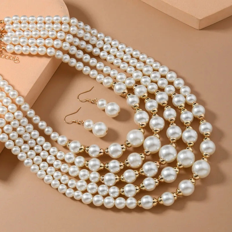 Trend Statement Jewelry Set Multi-layer Handmade Imitation Pearl Beaded Bib Necklace And Earrings For Women Party Accessories