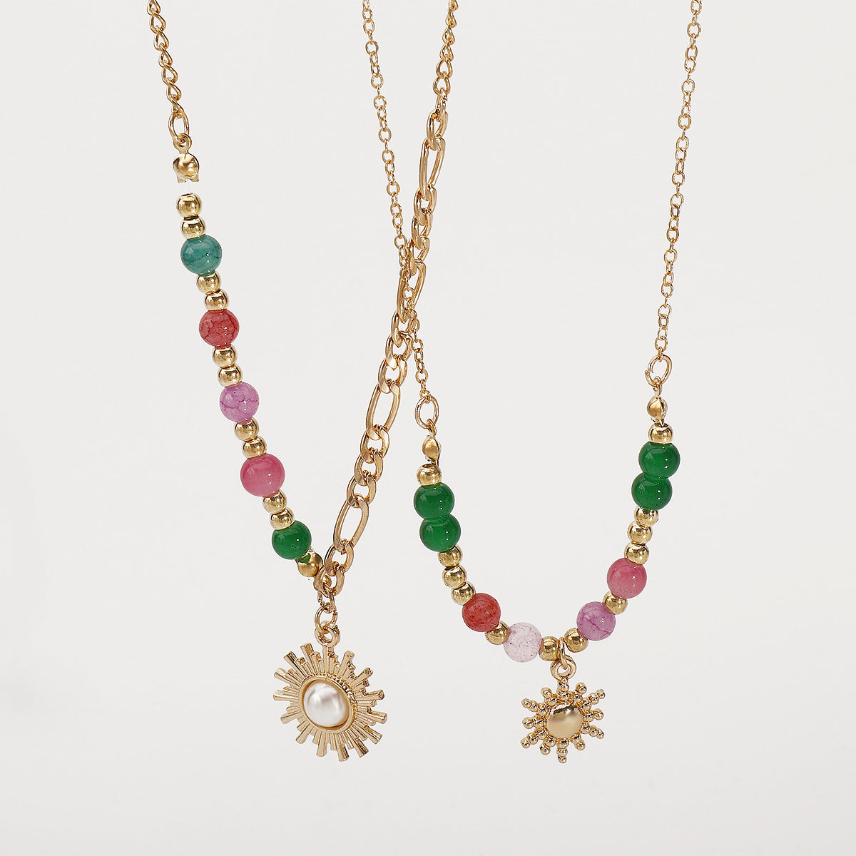 N12095 New Chinese Retro Sun Inlaid Pearl Necklace Ins Style High Sense Micro Glass Bead Twin Clavicle Chain