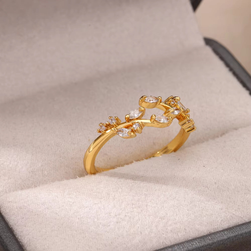 Hot Selling 18K Gold-Plated Full Diamond Titanium Steel Colorfast Open Ring Female Zircon Leaf Ring Female High Sense