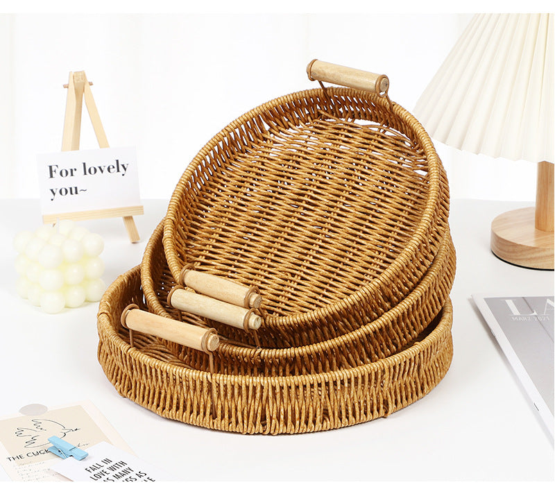 Fruit Plate Hand-Woven Japanese Bread Basket Steamed Bun Basket Living Room Household Storage Basket Rattan Double Ear Tray