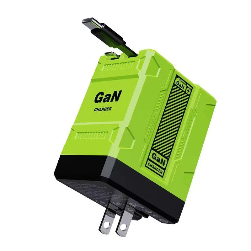 Mecha Style Fully Compatible GaN Fast Charger Compatible with Apple and Android Fast Charging Dual Retractable Cable Charger