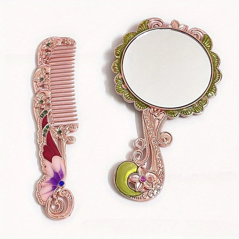 Europe Large Peacock Pattern Metal Carry Folding Makeup Mirror With Comb Hand Hold Cosmetic Mirror With Handle For Gifts