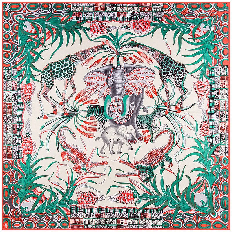 130x130CM Twill Silk Square Scarf Animals Print Women Scarves&Wrap Giraffe Neckerchief Spanish Large Bandana Neck Shawl Wraps