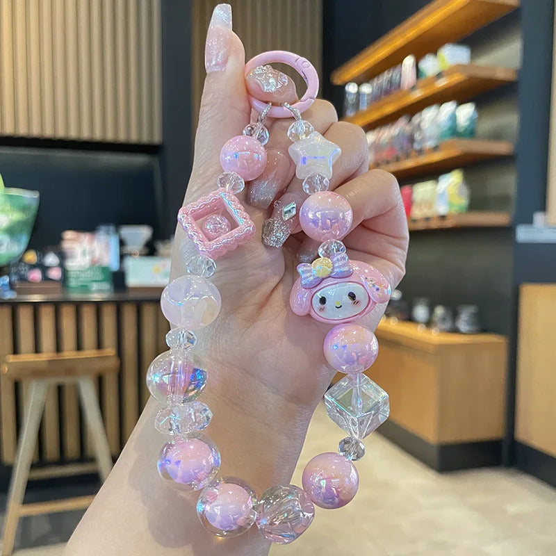 Sanrio Phone Chain Cinnamoroll Kuromi Hello Kitty Short Hanging Phone Chains Keychains Beaded Pendant Camera Chain Accessories