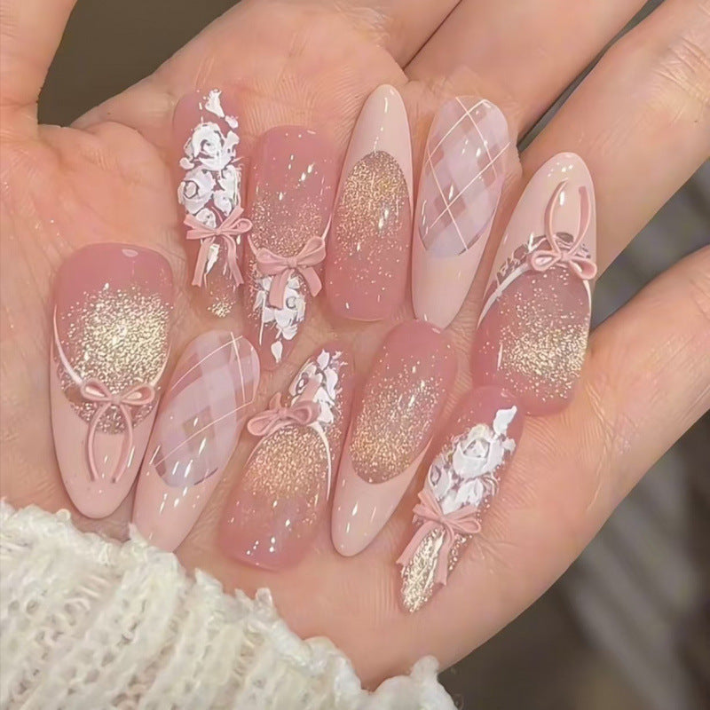 Purely Handmade Wearable Nails Atmosphere Sparkling Cat Eye French Hand-painted Gradient Flower Bedtime Fairy Tale Sweet Girl Nail Art