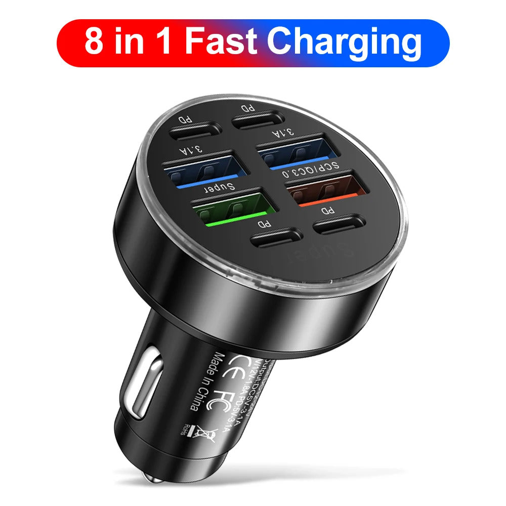100W 8 Ports Car Charger Fast Charging PD QC3.0 USB C Car Phone Charger Type C Adapter in Car For iPhone Samsung Huawei Xiaomi