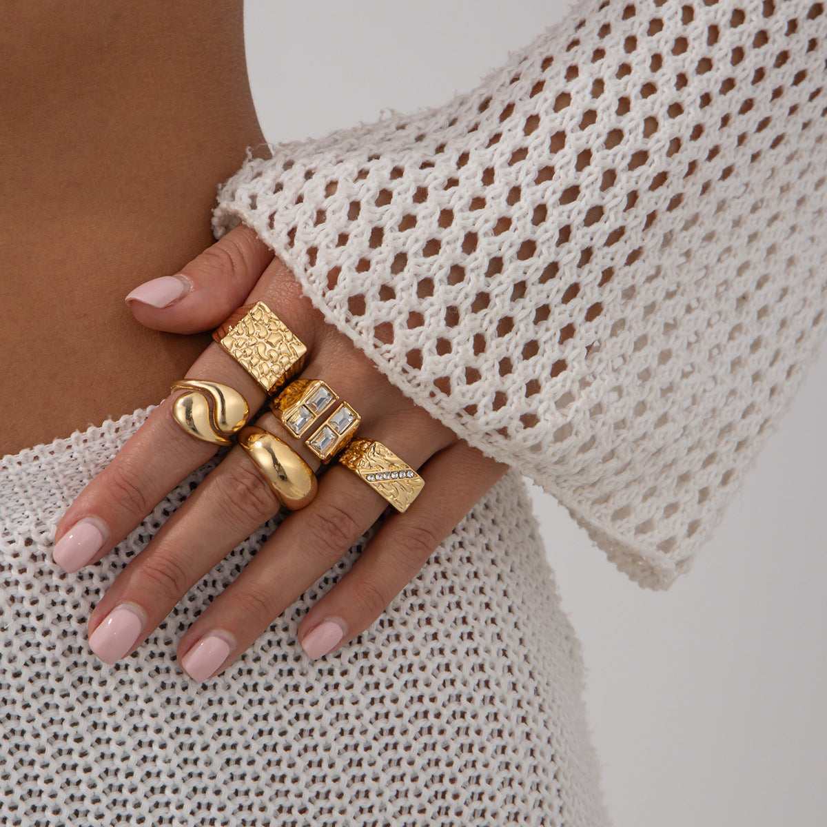 Fashionable Hollow Inlaid Irregular Ring Vintage Alloy Wrinkled Ring Set