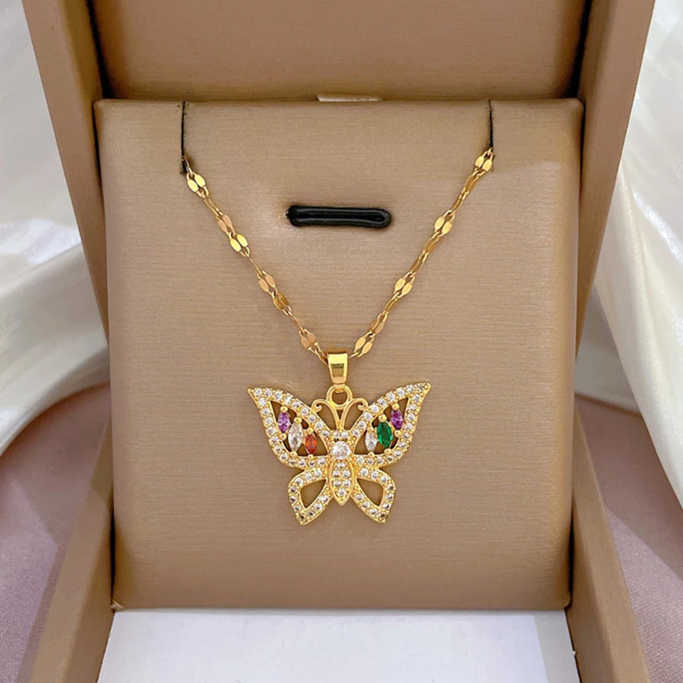 ZAKOL Classic Gold Color Stainless Steel Necklace For Women Shiny Zircon Geometric Heart Pendant Necklaces Jewelry Gift