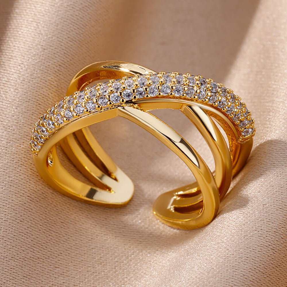 Hot Selling 18K Gold-Plated Full Diamond Titanium Steel Colorfast Open Ring Female Zircon Leaf Ring Female High Sense