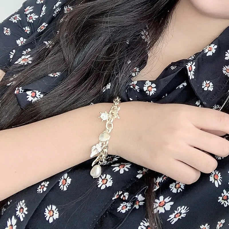 Starfish Shell Conch Bracelets For Women Imitation-pearl Gold-color Chain Bracelet Bangle Ocean Wristband Summer Beach Jewelry
