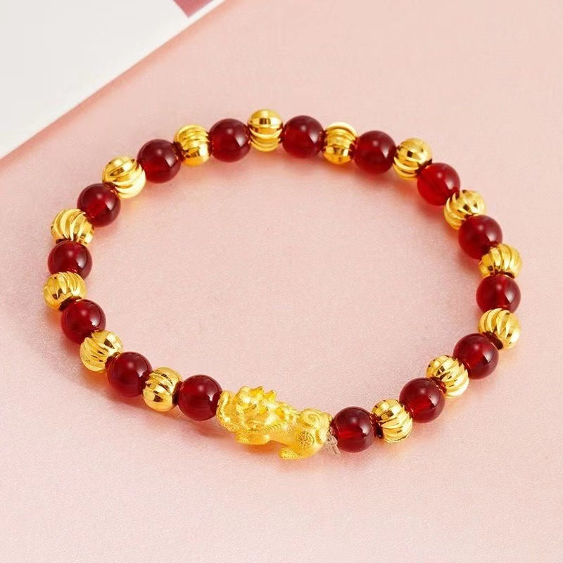 Brass Gold Plated Brave Bracelet Lucky Beads Agate Obsidian Sanskrit Bracelet Men's and Women's Bracelet