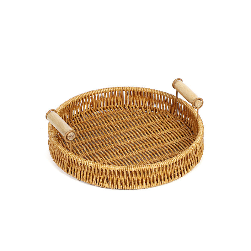 Fruit Plate Hand-Woven Japanese Bread Basket Steamed Bun Basket Living Room Household Storage Basket Rattan Double Ear Tray