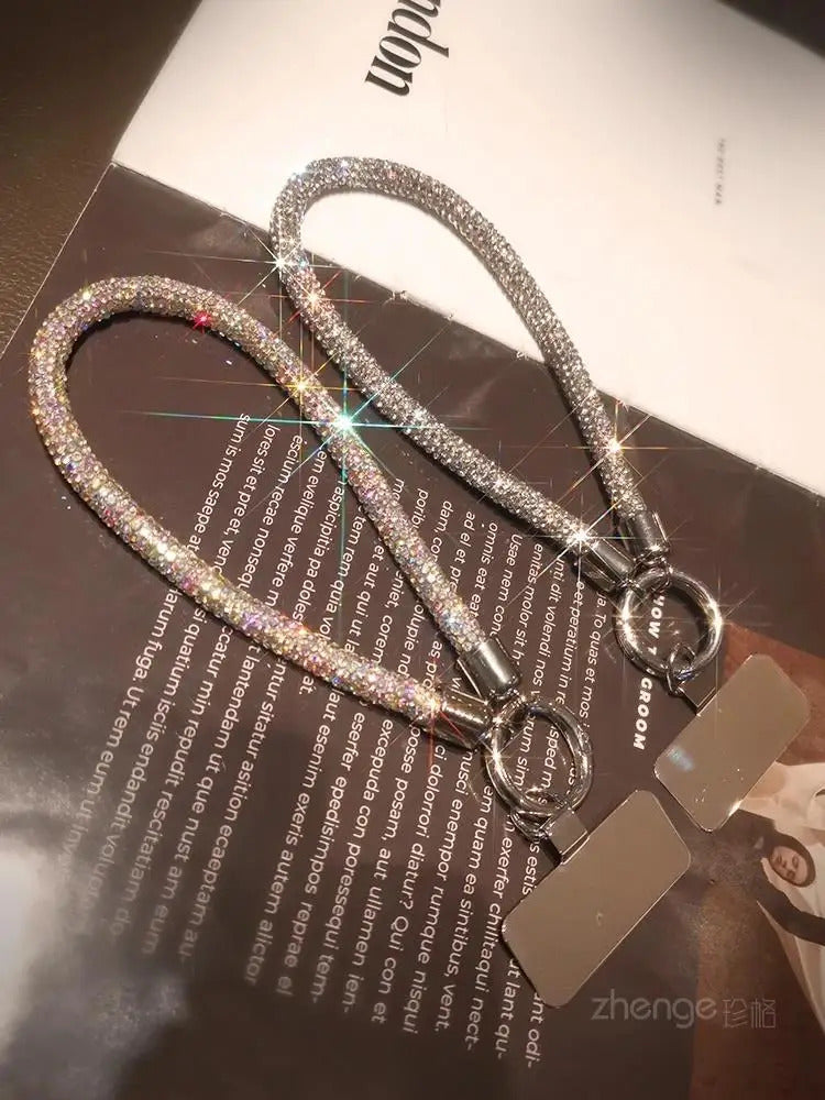 1pc Short Full Diamond Mobile Phone Lanyard Women's Small Fragrant Wind Short Wrist Case Universal Anyard Metal Clip Lanyard