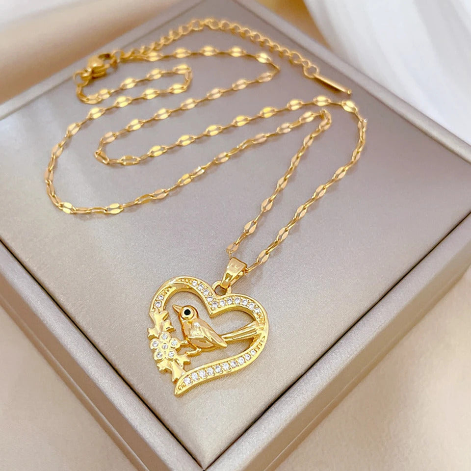ZAKOL Classic Gold Color Stainless Steel Necklace For Women Shiny Zircon Geometric Heart Pendant Necklaces Jewelry Gift