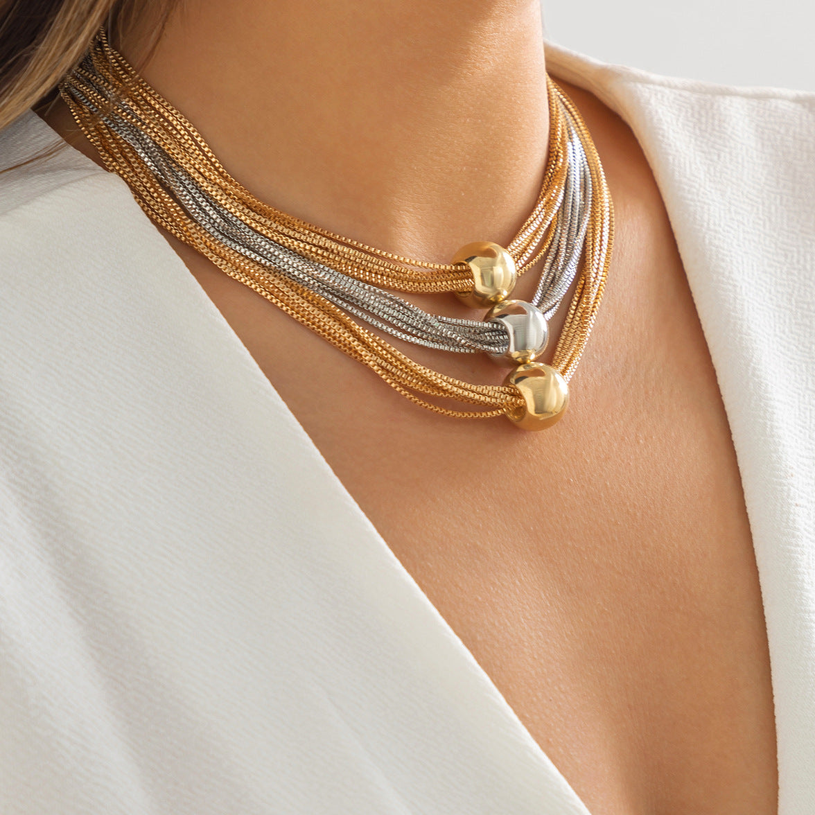 Cross-Border Exaggerated Punk Multi-Layer Chain Stacked Necklace Simple Niche Geometric Ball Personality Choker Necklace