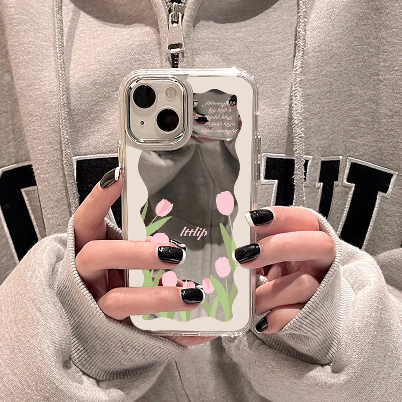 Tulip Flowers Mirror Glass Case For iPhone 11 Pro Max 16 14 13 Pro 12 15 XR XS Max X Case Square Floral Leaf Lette Pattern Cover