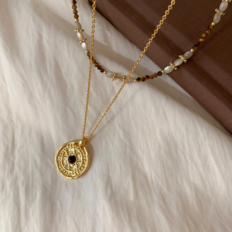 Milad Style Natural Stone Beaded Compass Pendant Layered Necklace for Women, Light Luxury Retro Versatile Choker Collarbone Chain