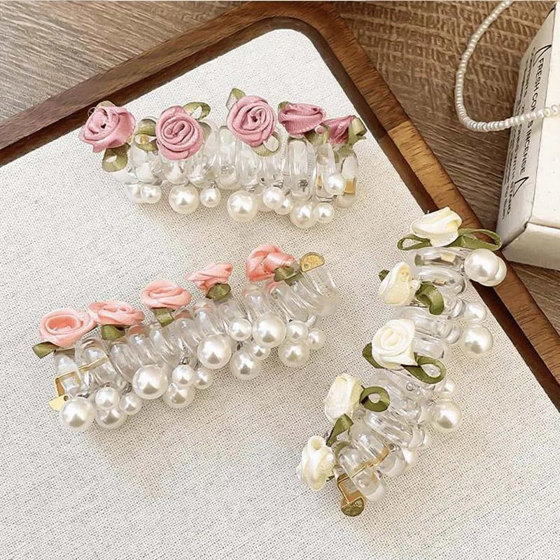 New Rose Flower Telephone Phone Line Hair Rope for Women Girls Elastic Pearl Ponytail Hair Loop Headwear Hair Accessories