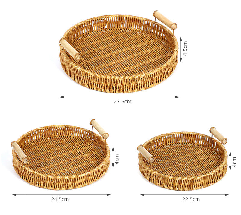 Fruit Plate Hand-Woven Japanese Bread Basket Steamed Bun Basket Living Room Household Storage Basket Rattan Double Ear Tray