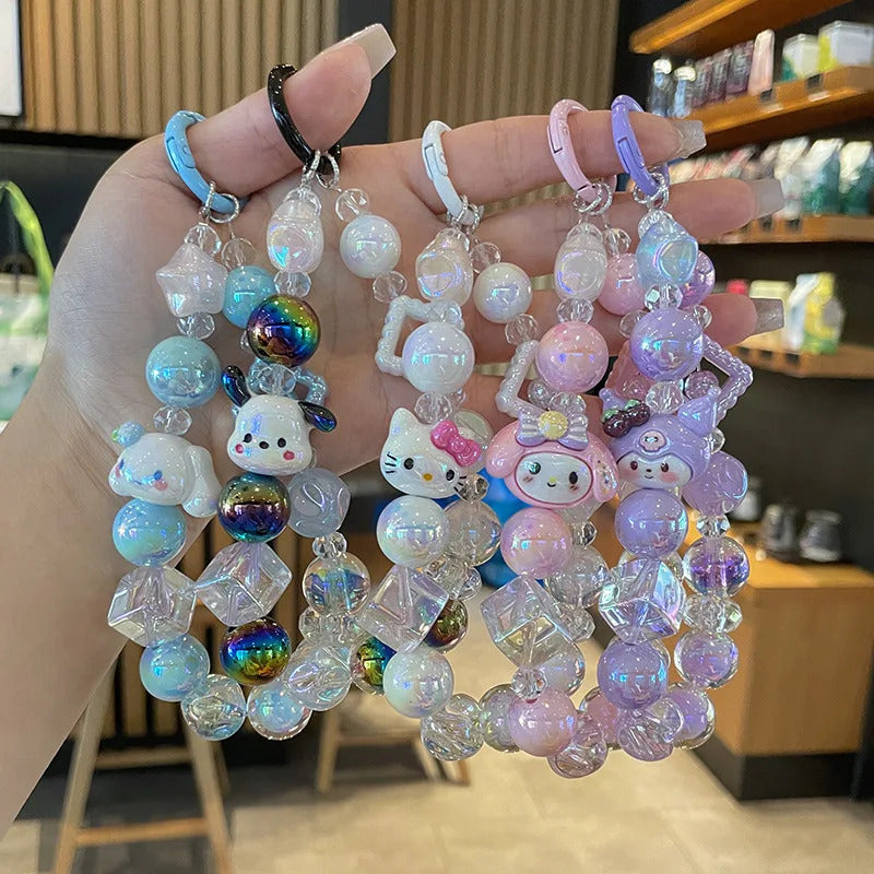 Sanrio Phone Chain Cinnamoroll Kuromi Hello Kitty Short Hanging Phone Chains Keychains Beaded Pendant Camera Chain Accessories