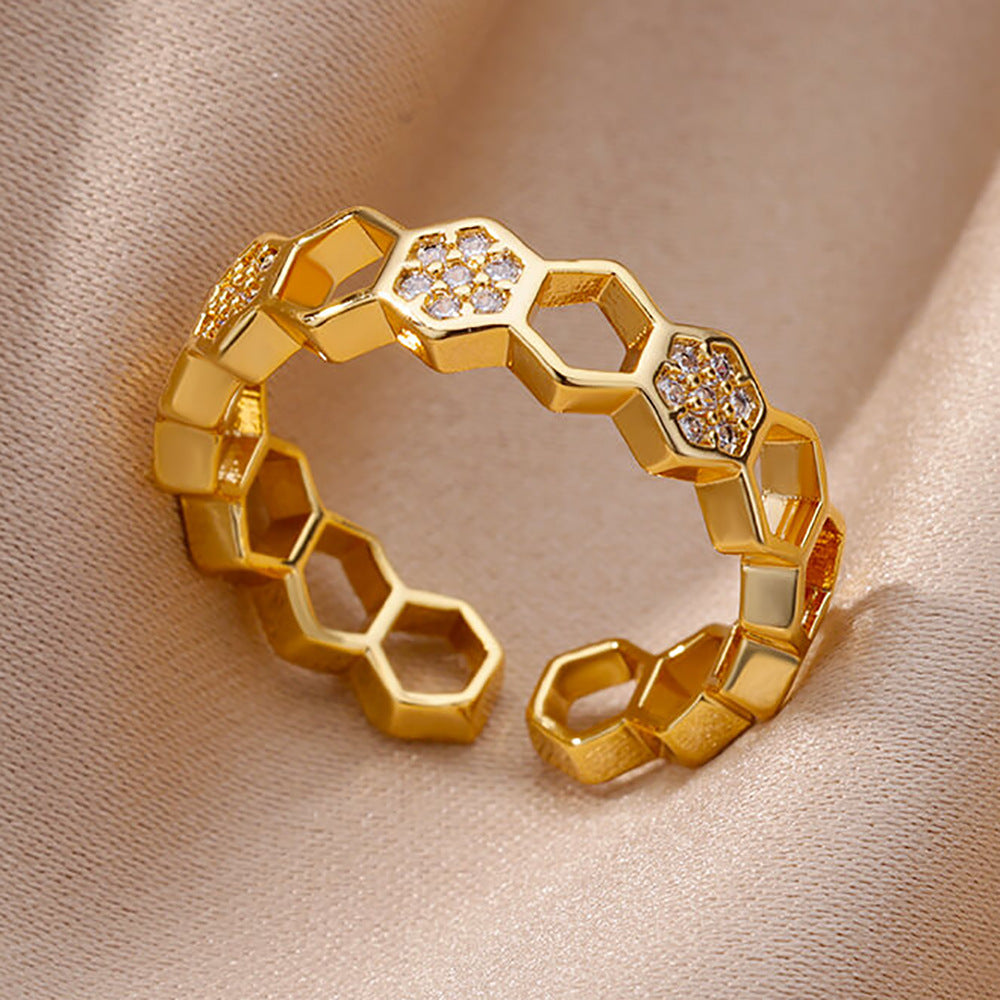 Hot Selling 18K Gold-Plated Full Diamond Titanium Steel Colorfast Open Ring Female Zircon Leaf Ring Female High Sense