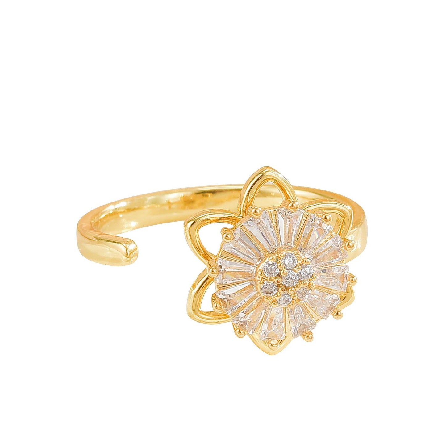 Rotating Ring for Women, Copper Gold Plated, Non-Fading, Elegant and Luxurious, Adjustable Daisy, Star, Moon, Zircon, European and American Cross-Border