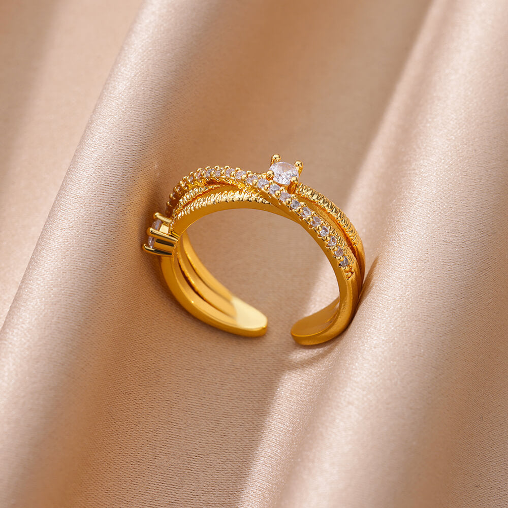 Hot Selling 18K Gold-Plated Full Diamond Titanium Steel Colorfast Open Ring Female Zircon Leaf Ring Female High Sense
