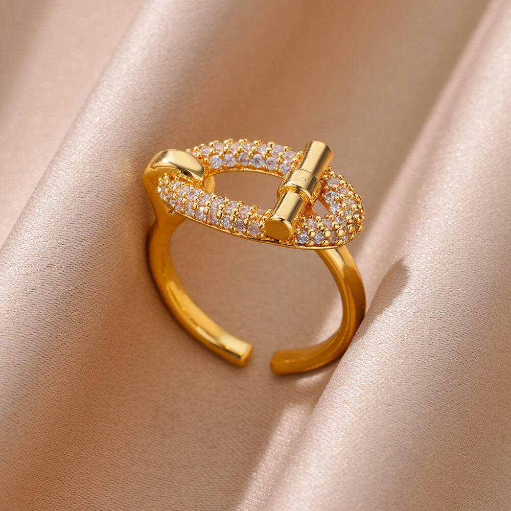 Hot Selling 18K Gold-Plated Full Diamond Titanium Steel Colorfast Open Ring Female Zircon Leaf Ring Female High Sense